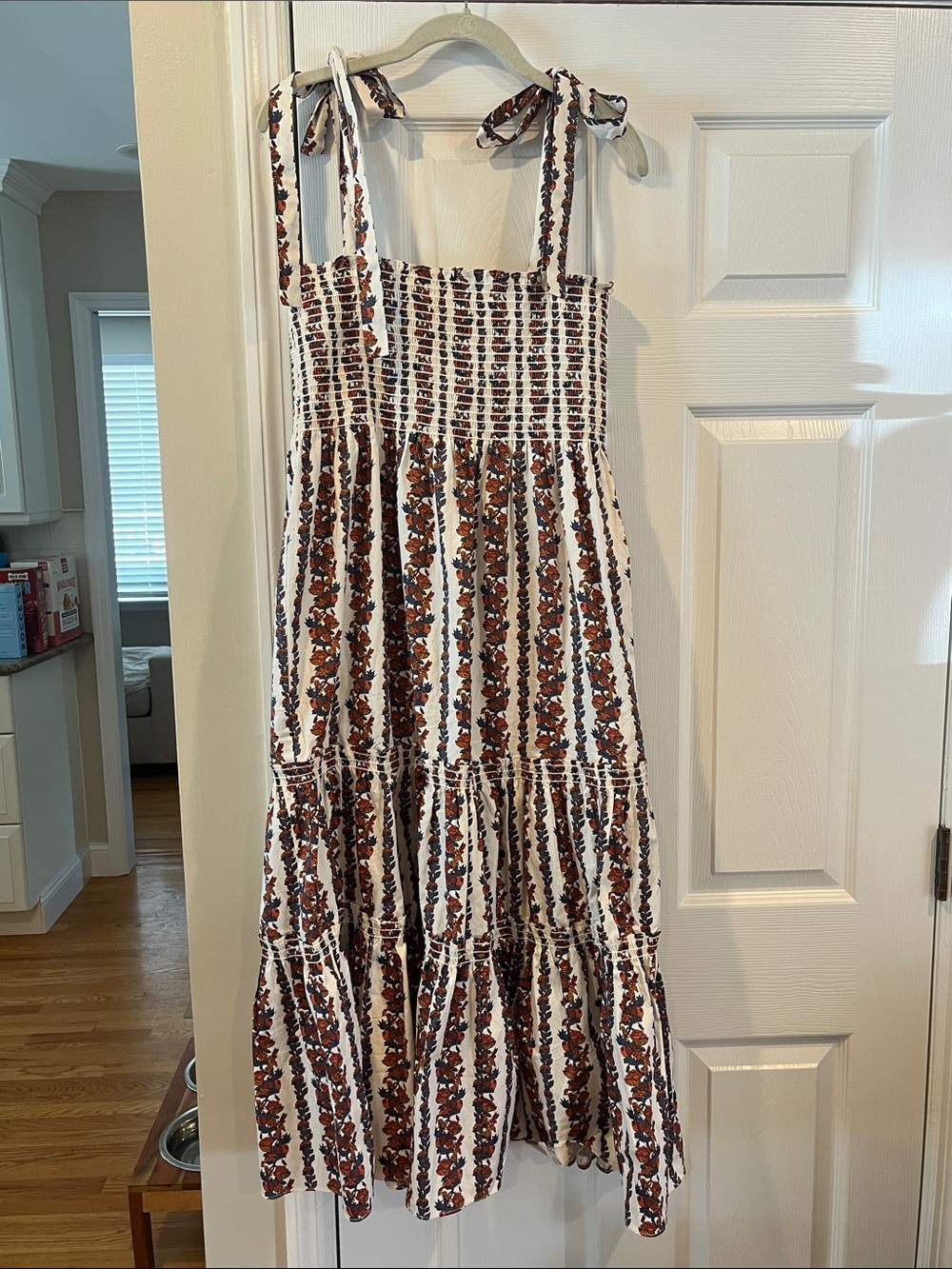 NWT O.P.T Smocked Tie-Shoulder Maxi Dress in Brown Floral size L